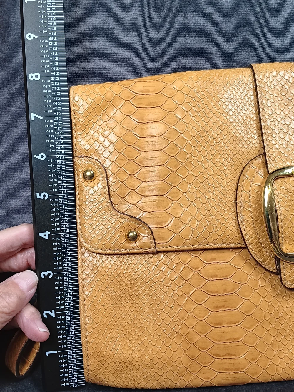 Tan Snake-Embossed Wristlet Clutch with Gold Buckle Perfect Size To Grab And Go
